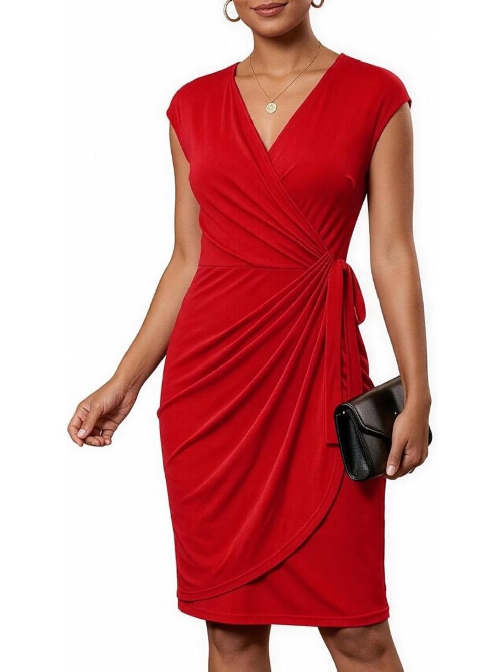 Chic V-Neck Faux Wrap Midi Dress - Casual Work & Party Style, Mesh Detail 2026